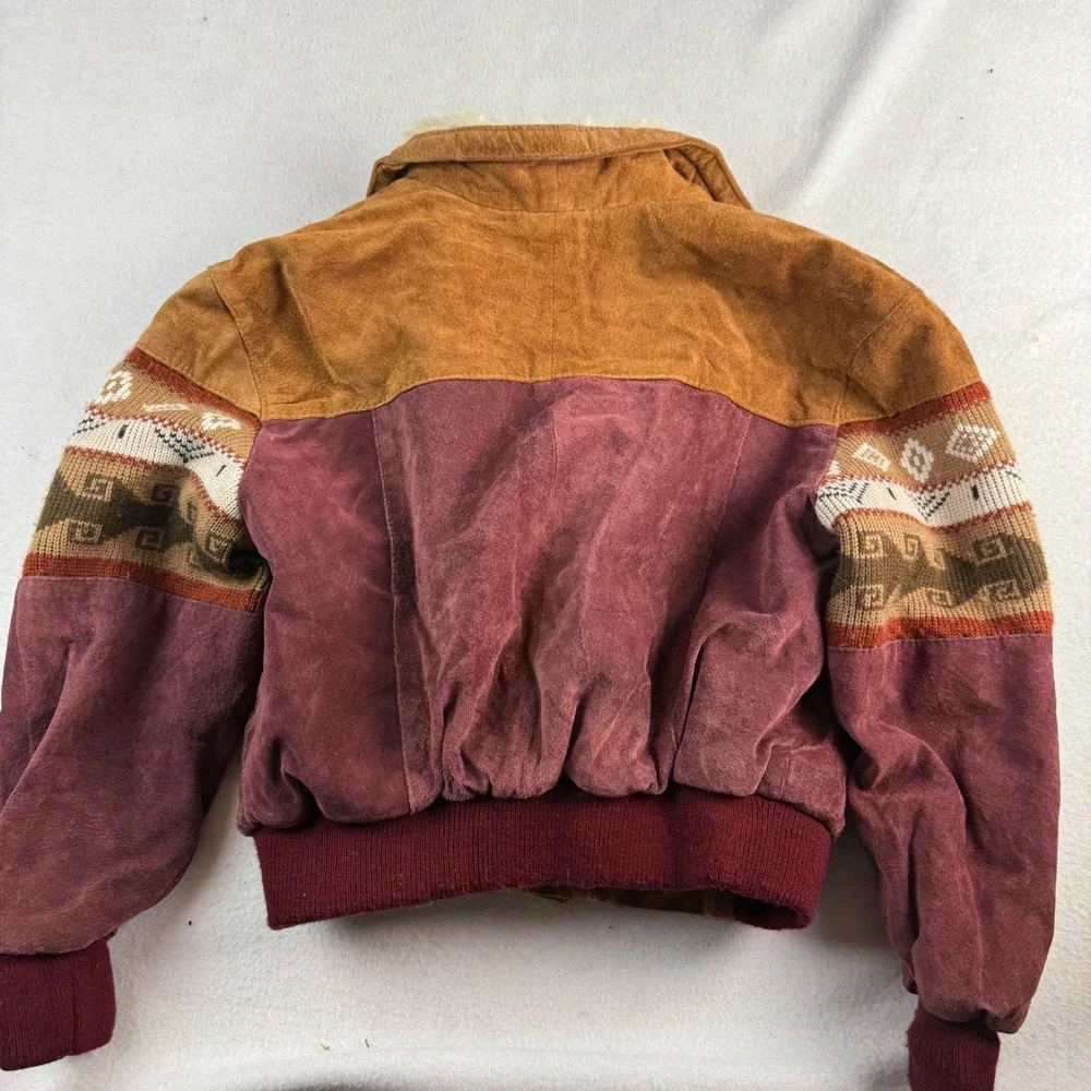 Kids Vintage Style Suede Southwestern Bomber Jacket Shearling Brown Size 12-14
